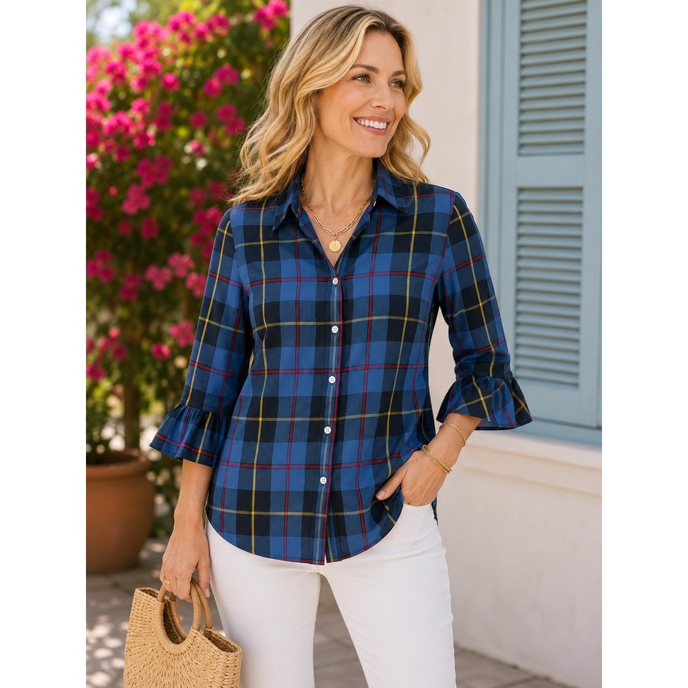 Gretchen Scott Blue Plaid Ruffle Cuff Button Down Shirt Womens Small 3/4 Sleeve